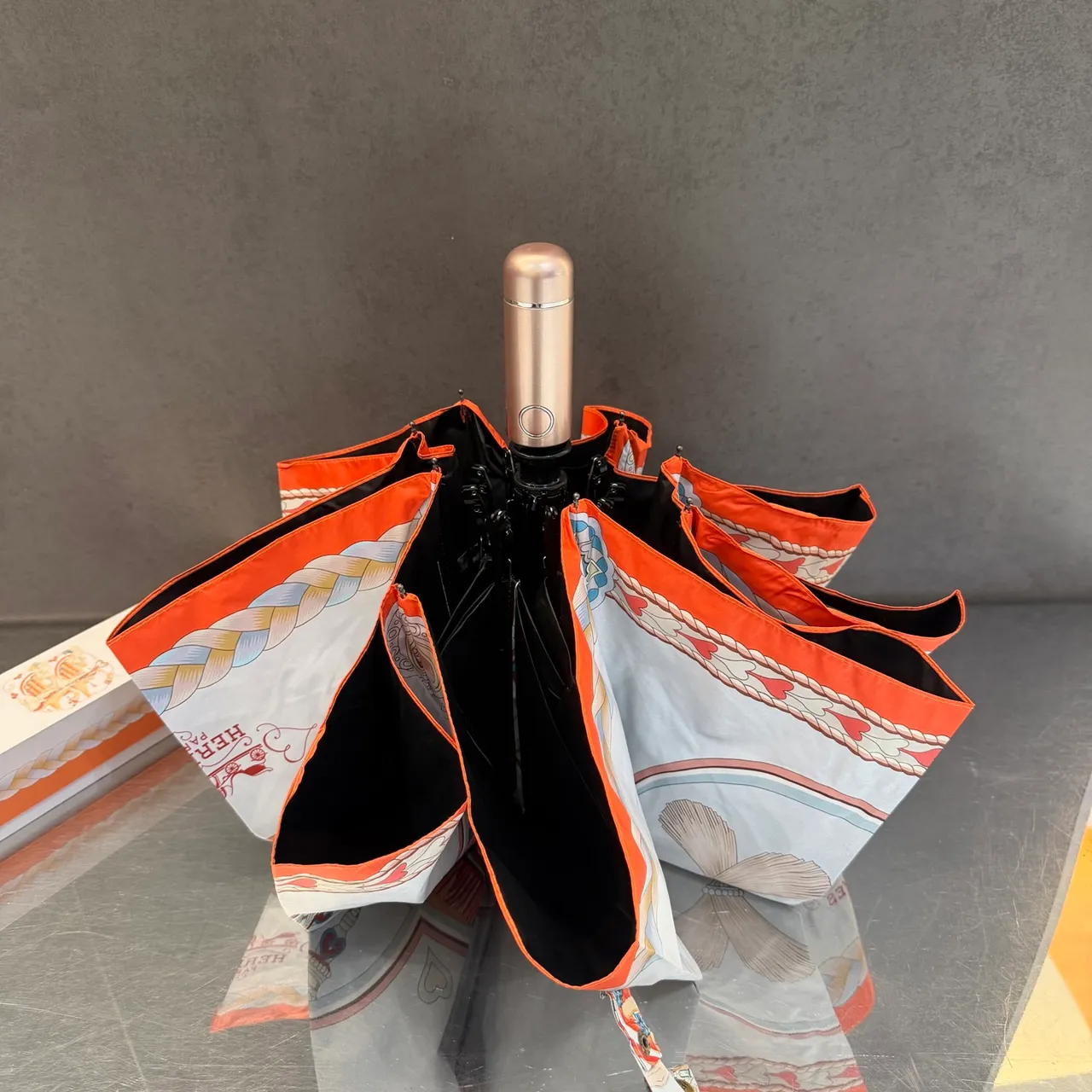 Hermès Beige Orange Equestrian-Print Silk-Canopy Handbag 5
