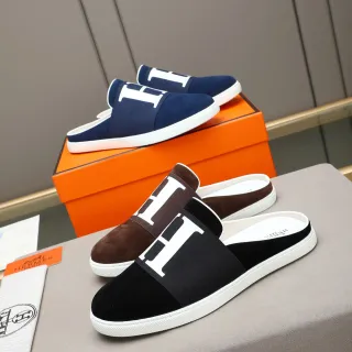 Hermès Black Brown Suede Upper Elasticated H-Logo Strap Casual Shoes