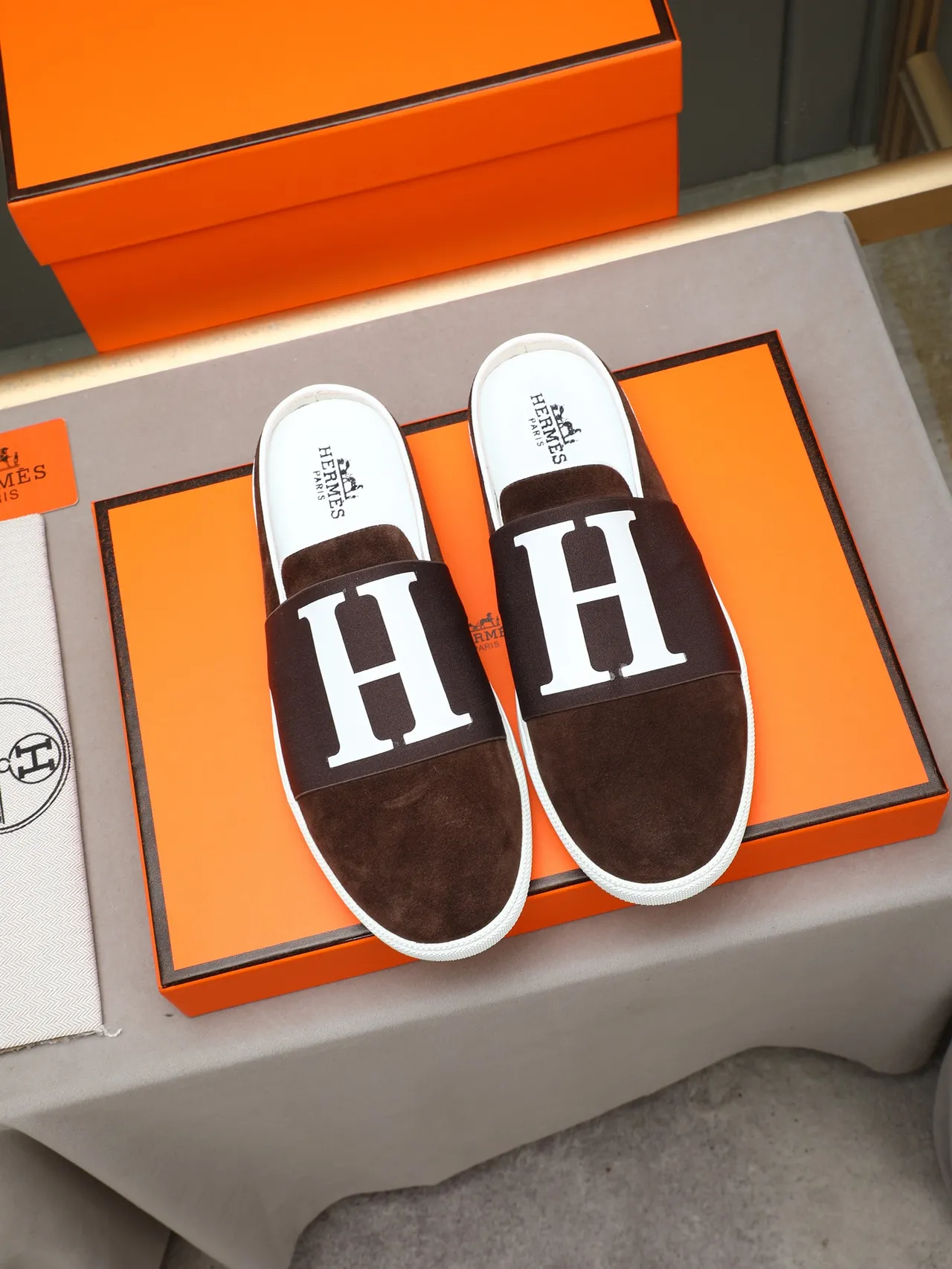 Hermès Black Brown Suede Upper Elasticated H-Logo Strap Casual Shoes 3