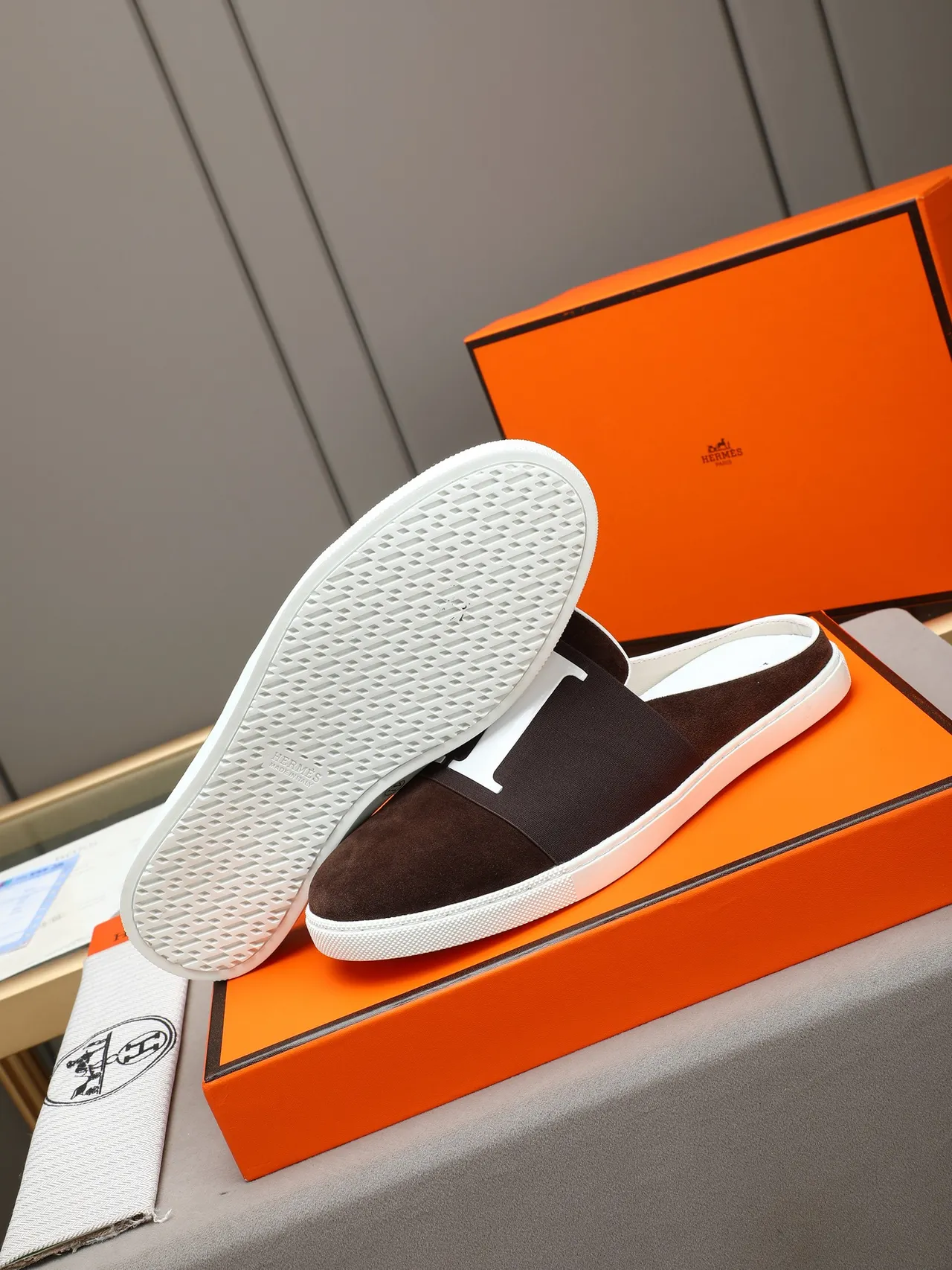 Hermès Black Brown Suede Upper Elasticated H-Logo Strap Casual Shoes 6