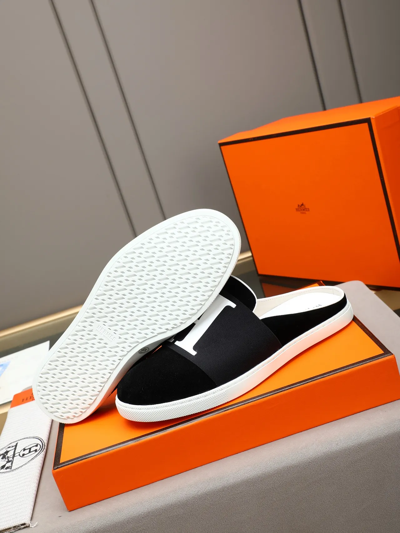 Hermès Black Brown Suede Upper Elasticated H-Logo Strap Casual Shoes 8