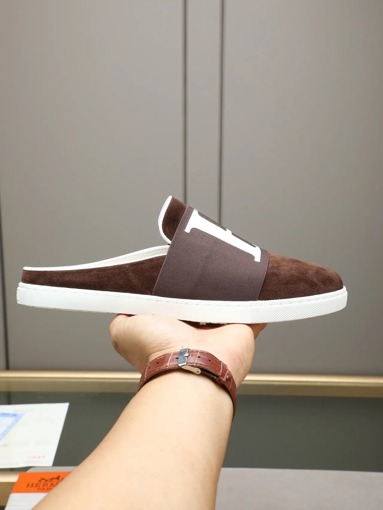 Hermès Black Brown Suede Upper Elasticated H-Logo Strap Casual Shoes 9