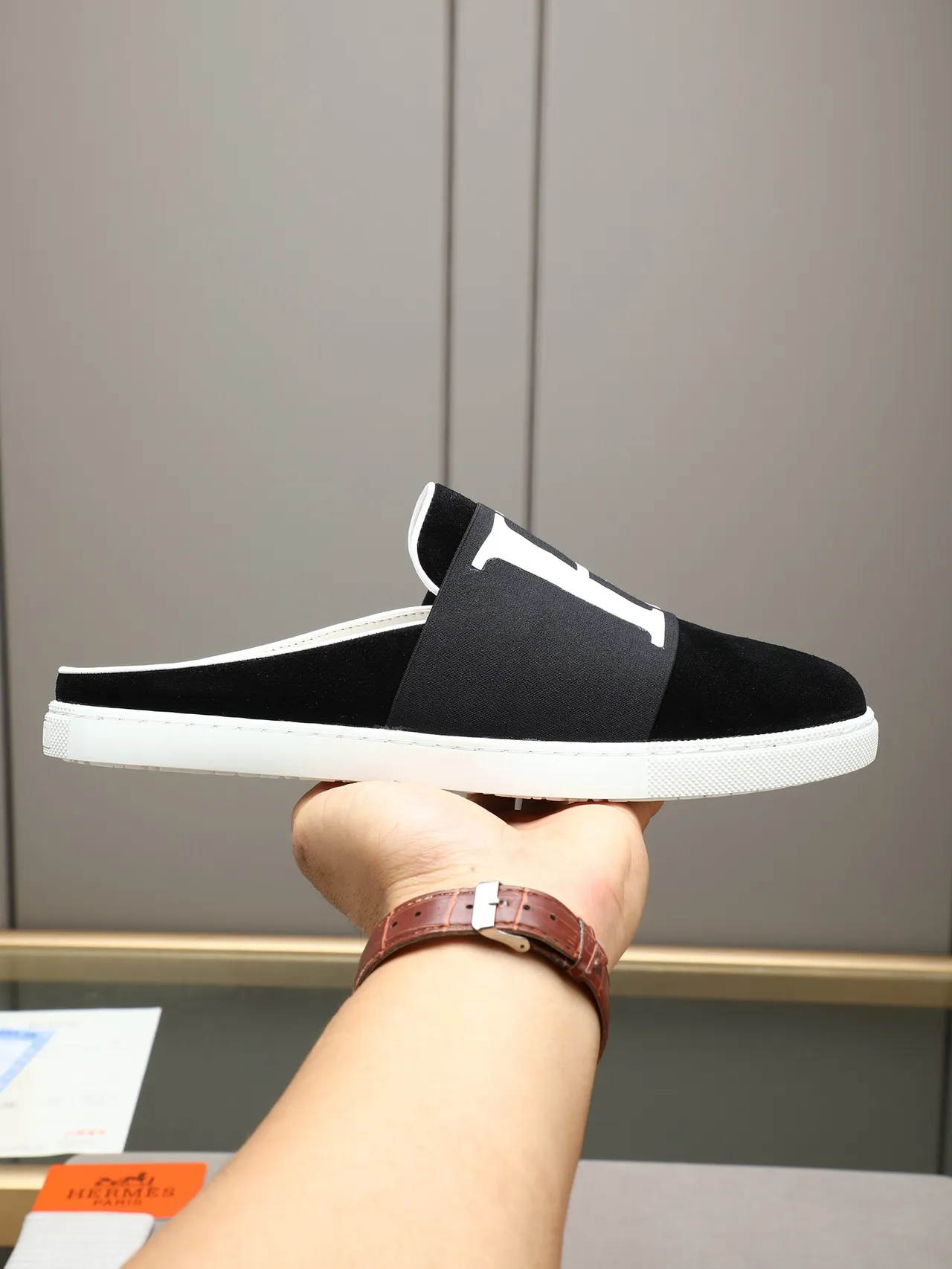 Hermès Black Brown Suede Upper Elasticated H-Logo Strap Casual Shoes 11