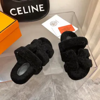 Hermès Black Fuzzy Shearling-Like Upper Double Wide Strap Slippers