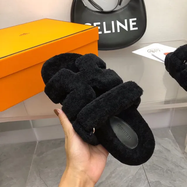 Hermès Black Fuzzy Shearling-Like Upper Double Wide Strap Slippers 2