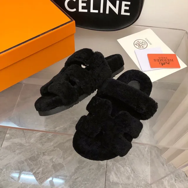 Hermès Black Fuzzy Shearling-Like Upper Double Wide Strap Slippers 4
