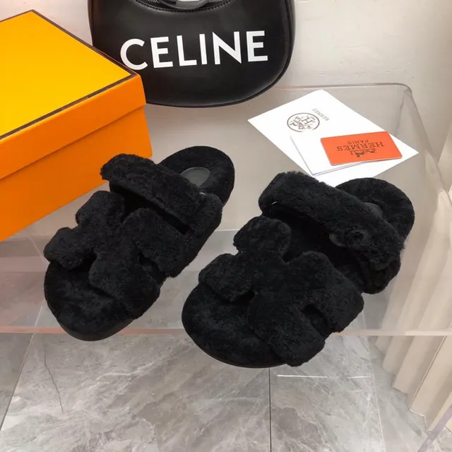 Hermès Black Fuzzy Shearling-Like Upper Double Wide Strap Slippers 7