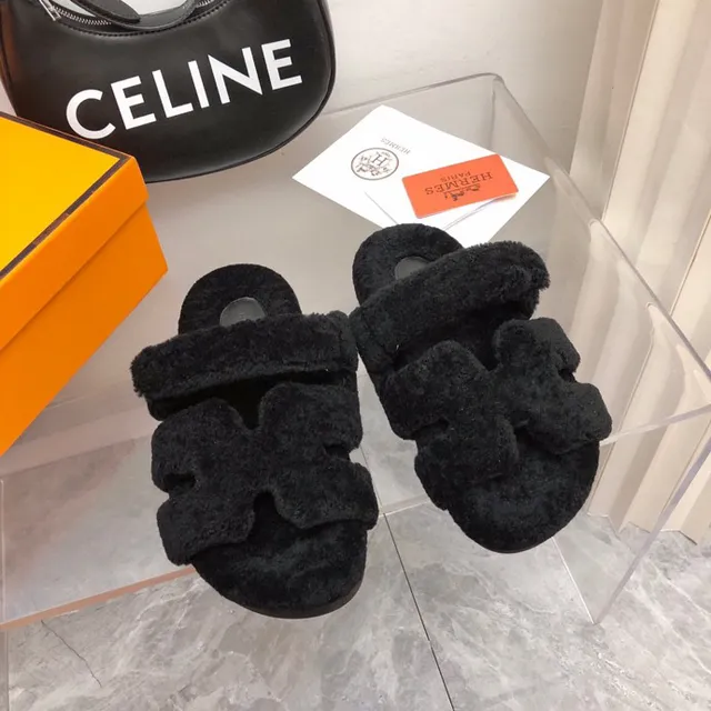 Hermès Black Fuzzy Shearling-Like Upper Double Wide Strap Slippers 8