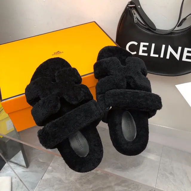 Hermès Black Fuzzy Shearling-Like Upper Double Wide Strap Slippers 9