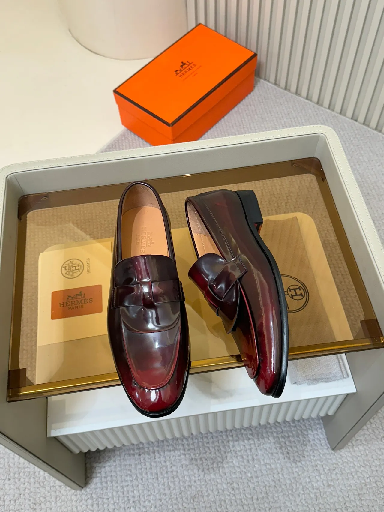 Hermès Burgundy Black Glossy Patent Leather Penny Strap Loafer 5