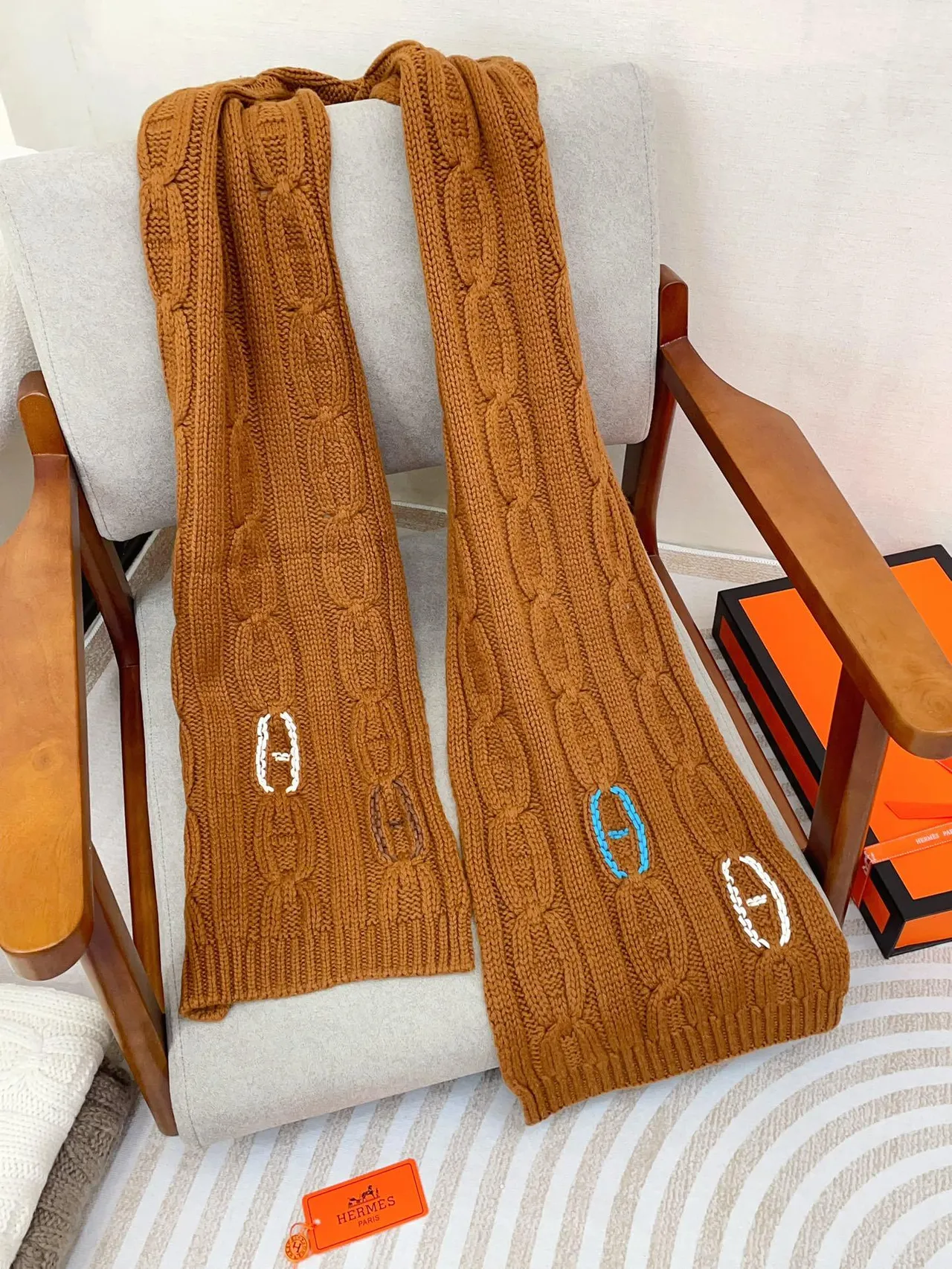 Hermès Cable Knit Scarf Brown Blue Chain-Link Pattern Cashmere Scarf 7