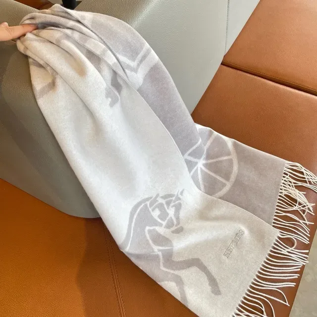 Écharpe Hermès Calèche Motif en cashmere ivoire et gris 8