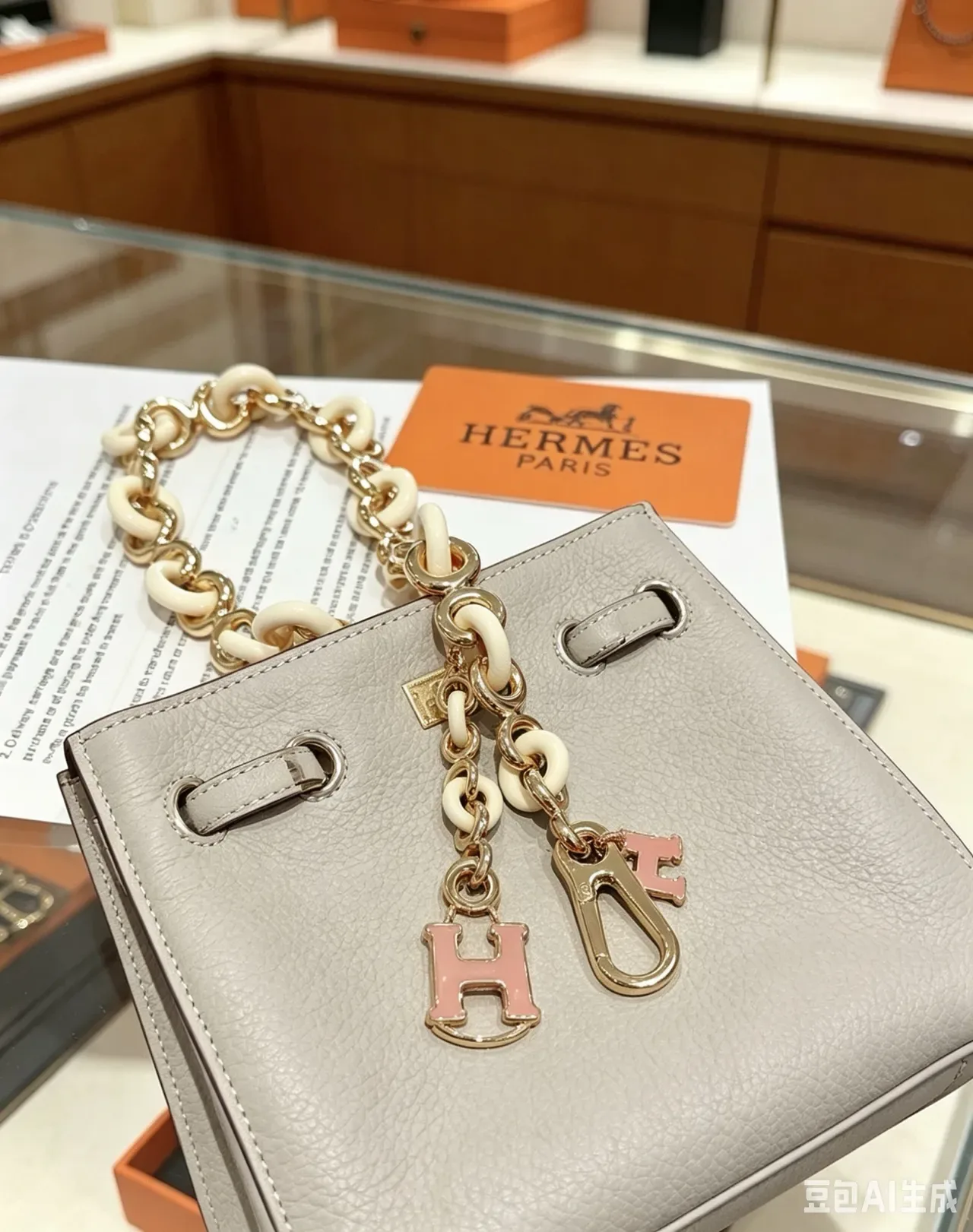 Hermès Chaine d'Ancre Pulseira Corrente de Resina e Metal Beige Dourado Charms de Cristal Pavé 'H' 6