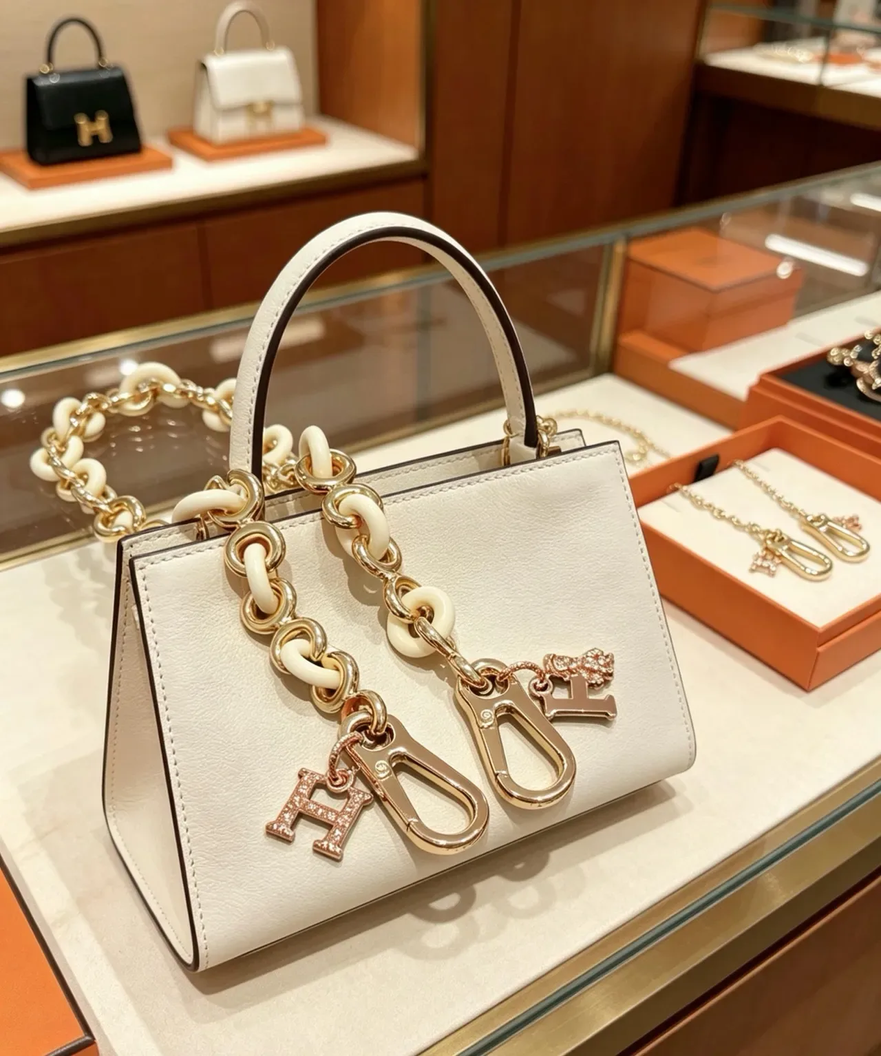 Hermès Chaine d'Ancre Pulseira Corrente de Resina e Metal Beige Dourado Charms de Cristal Pavé 'H' 8