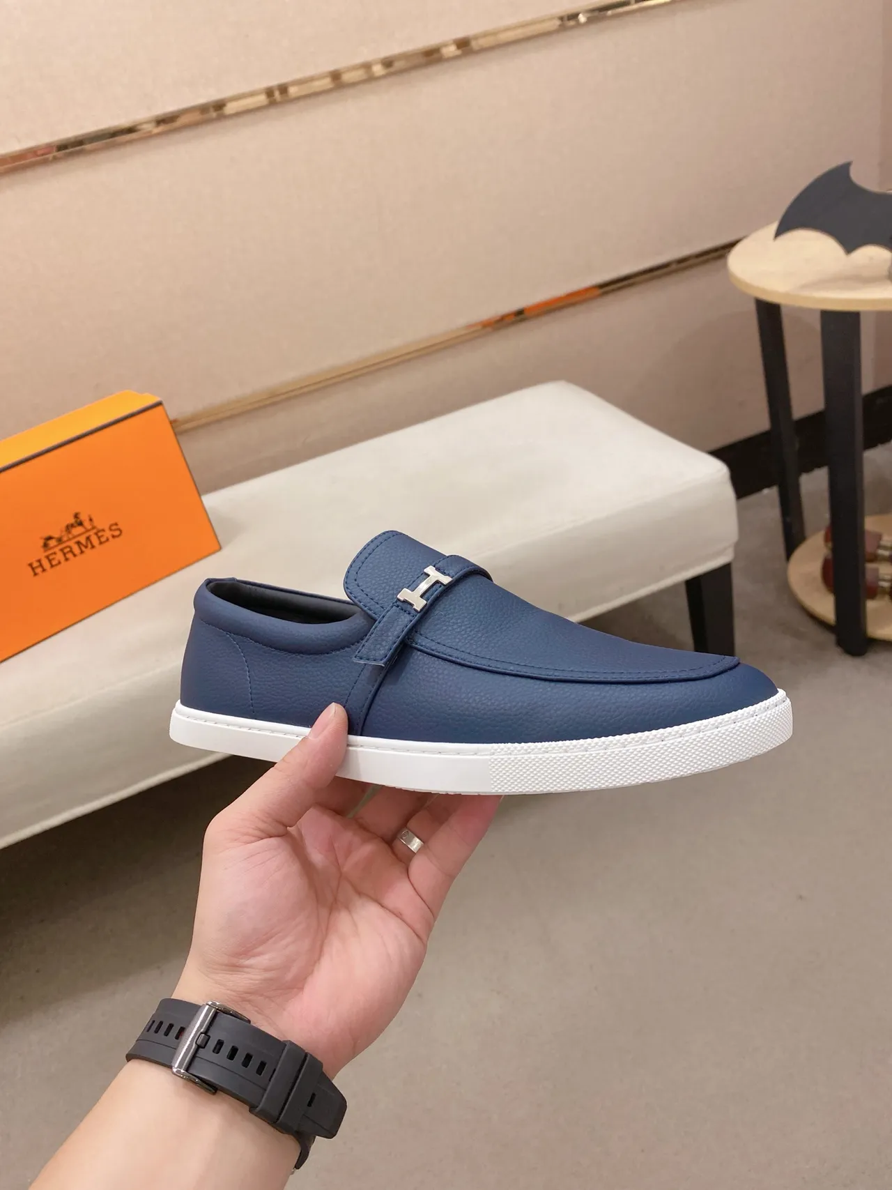 Hermès Chypre Loafer Navy Blue Pebbled Leather Slip-On Loafer 4