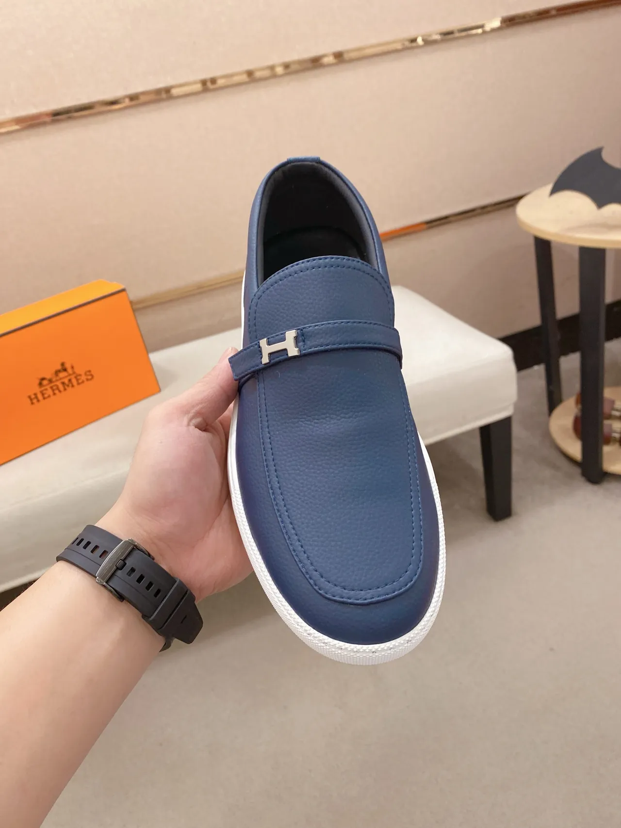 Hermès Chypre Loafer Navy Blue Pebbled Leather Slip-On Loafer 5