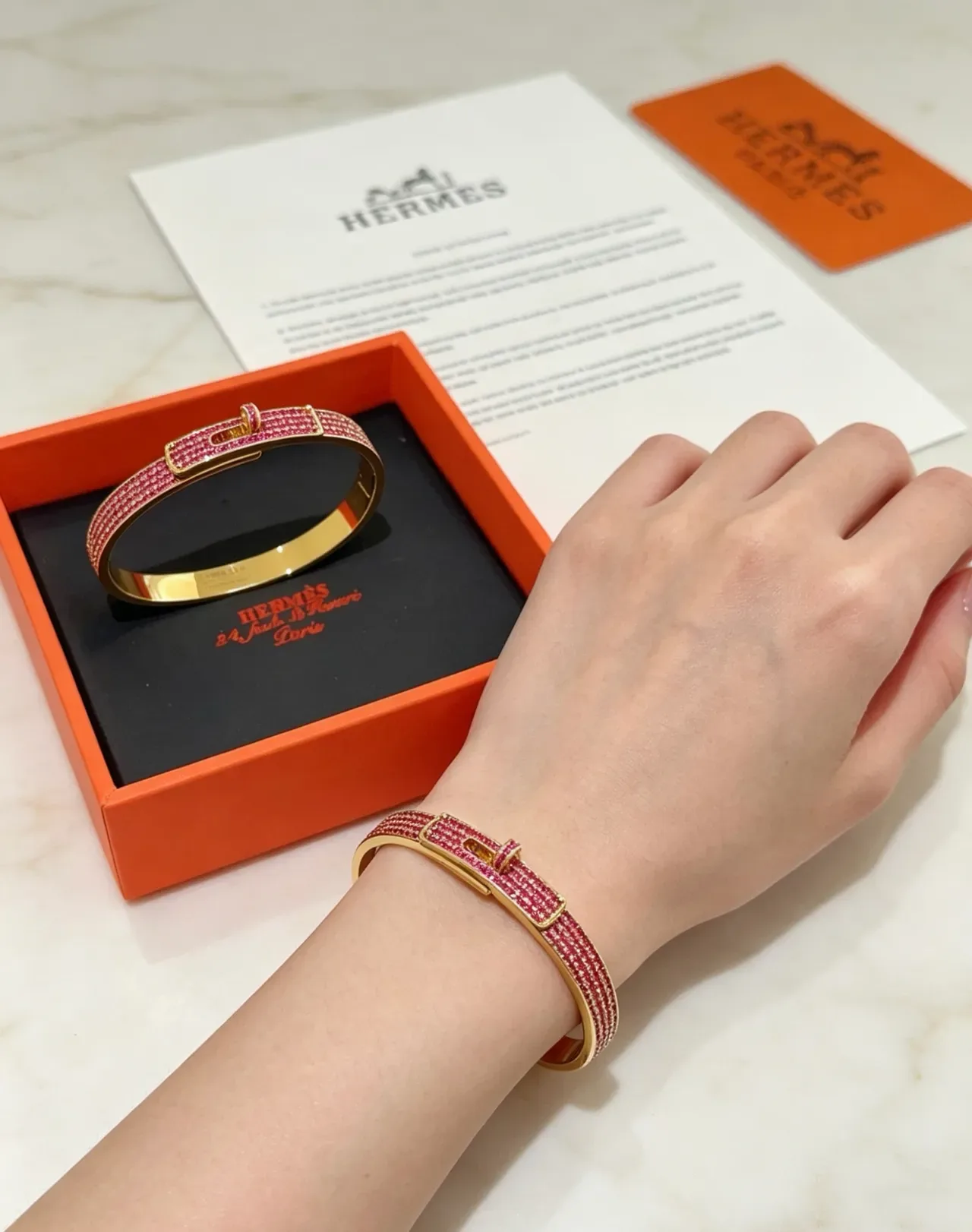 Bracelet Hermès Constance Pavé Pierres roses doré 8