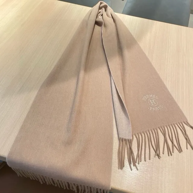 Hermès Embroidered Logo Beige Cashmere Scarf 2