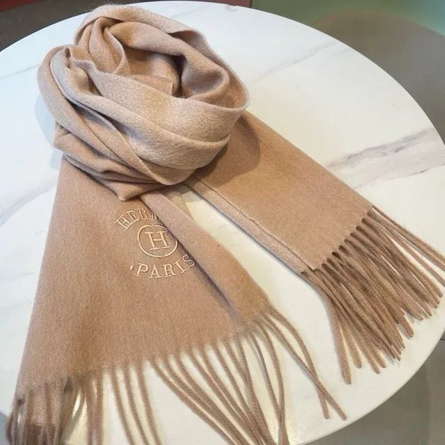 Hermès Embroidered Logo Beige Cashmere Scarf 3