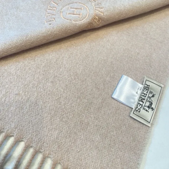 Hermès Embroidered Logo Beige Cashmere Scarf 4