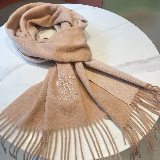 Hermès Embroidered Logo Beige Cashmere Scarf 5