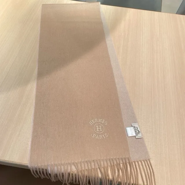 Hermès Embroidered Logo Beige Cashmere Scarf 6
