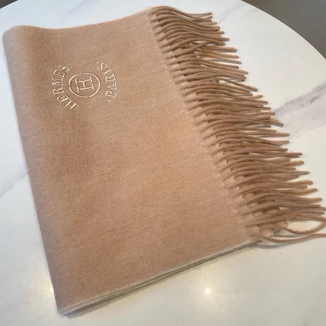 Hermès Embroidered Logo Beige Cashmere Scarf 7