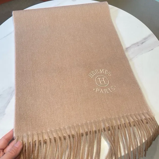 Hermès Embroidered Logo Beige Cashmere Scarf 8