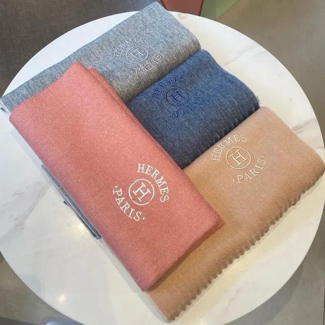 Hermès Embroidered Logo Beige Cashmere Scarf 9