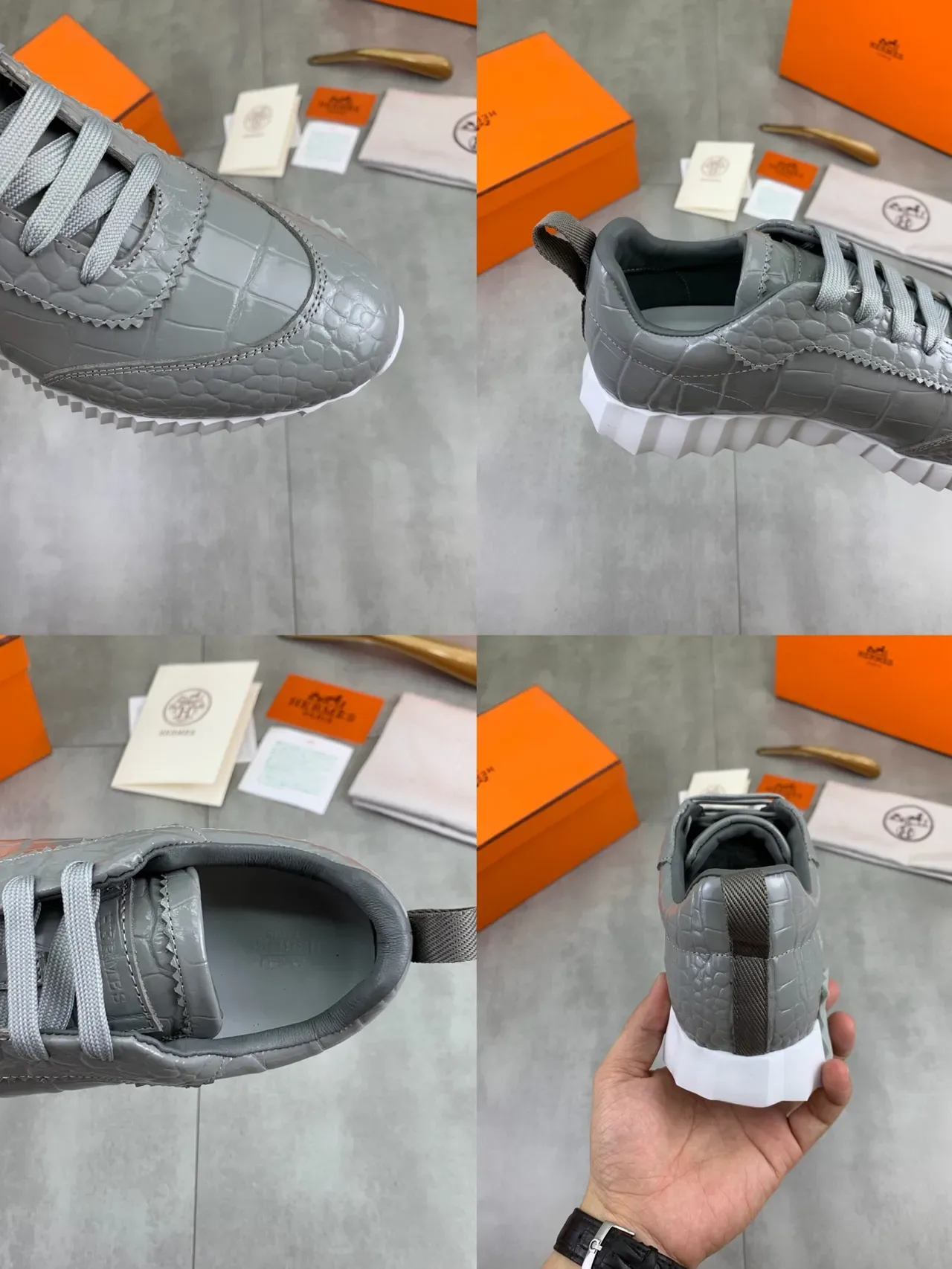Hermès Gray Croc-Embossed Leather Lifestyle Sneaker 2