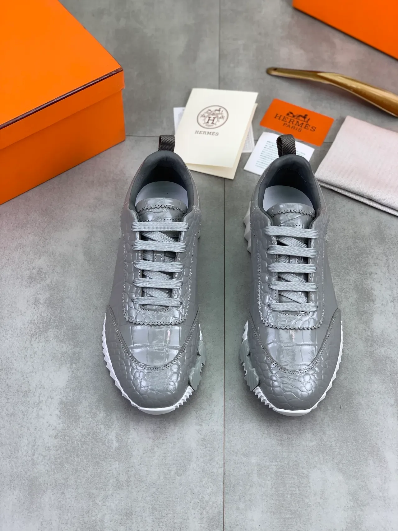 Hermès Gray Croc-Embossed Leather Lifestyle Sneaker 4