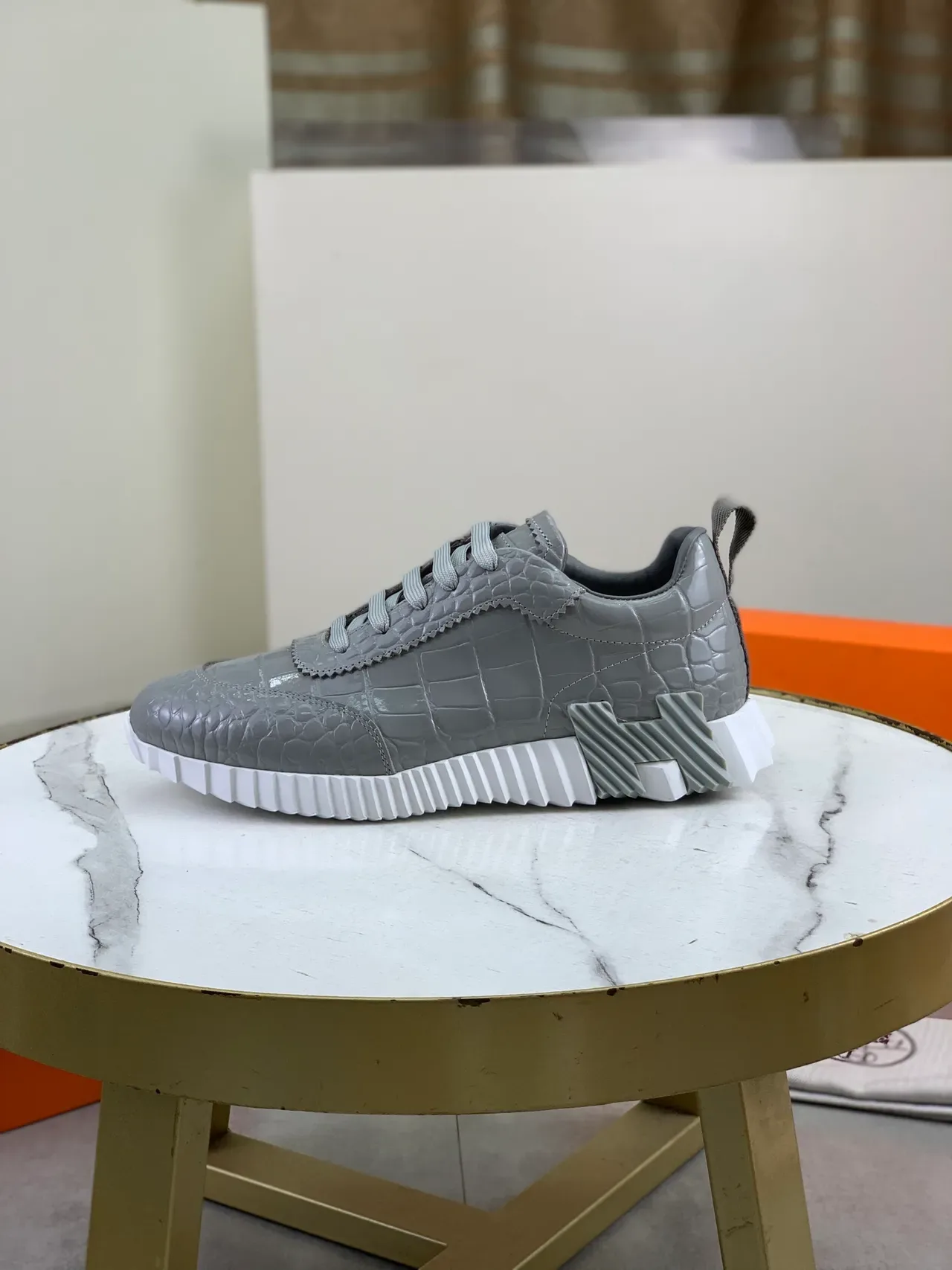 Hermès Gray Croc-Embossed Leather Lifestyle Sneaker 5