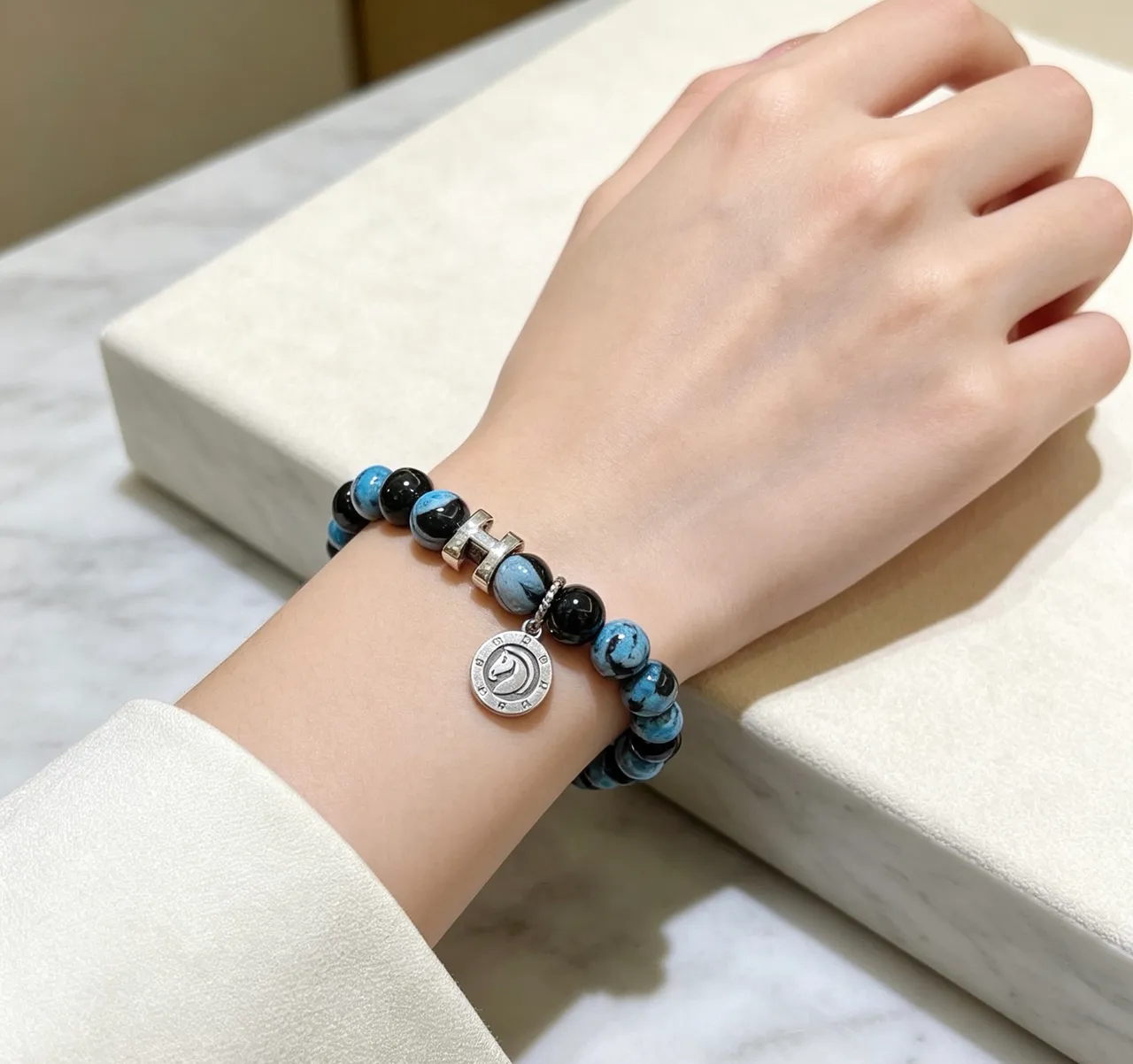 Hermès H Collection Blue and Black Marbled Stone Bracelet 2