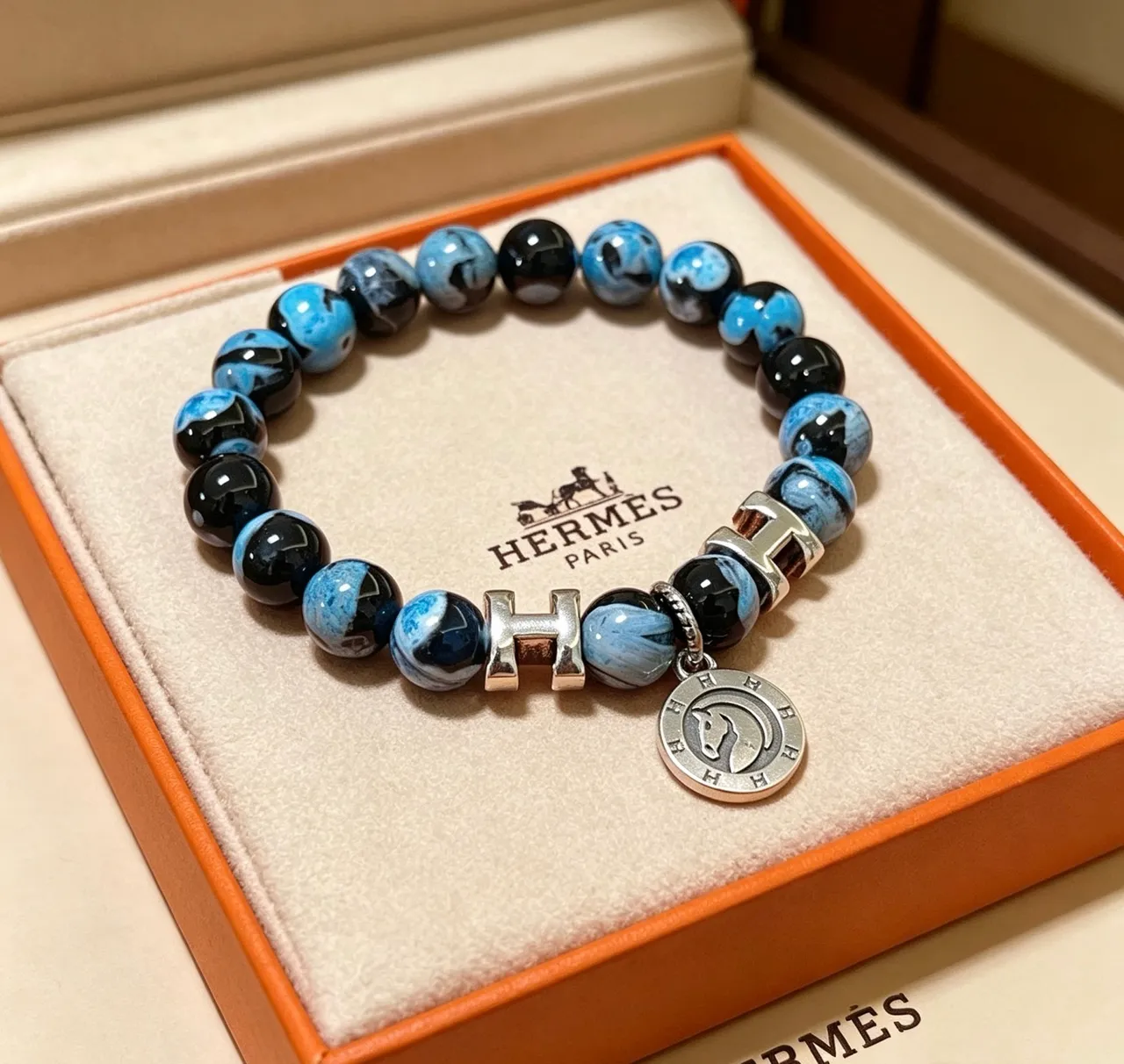 Hermès H Collection Blue and Black Marbled Stone Bracelet 3