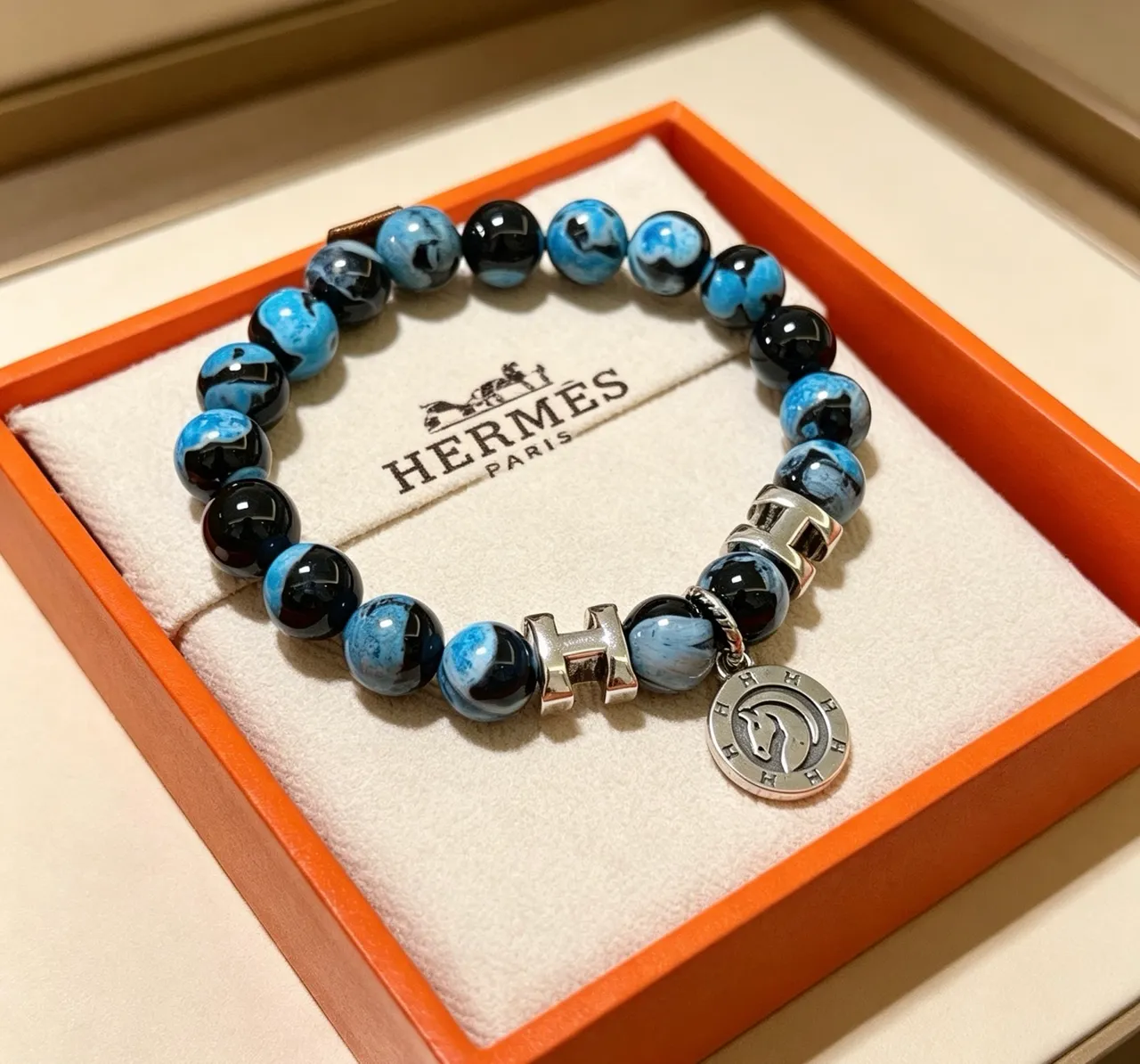 Hermès H Collection Blue and Black Marbled Stone Bracelet 5