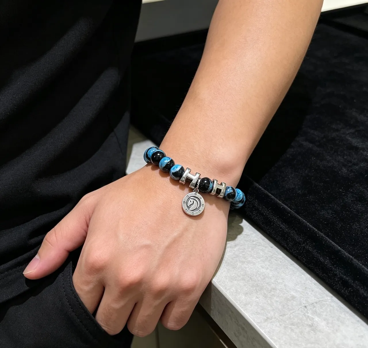 Hermès H Collection Blue and Black Marbled Stone Bracelet 6