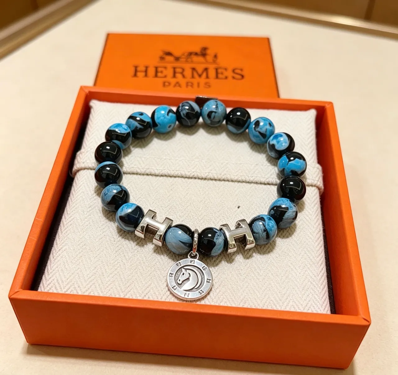 Hermès H Collection Blue and Black Marbled Stone Bracelet 7