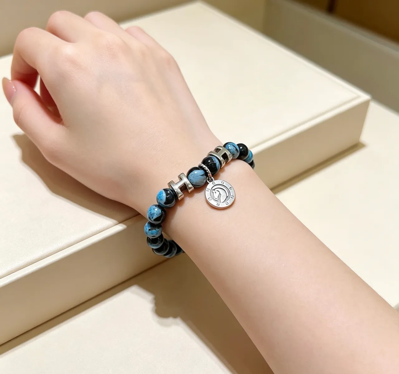 Hermès H Collection Blue and Black Marbled Stone Bracelet 8