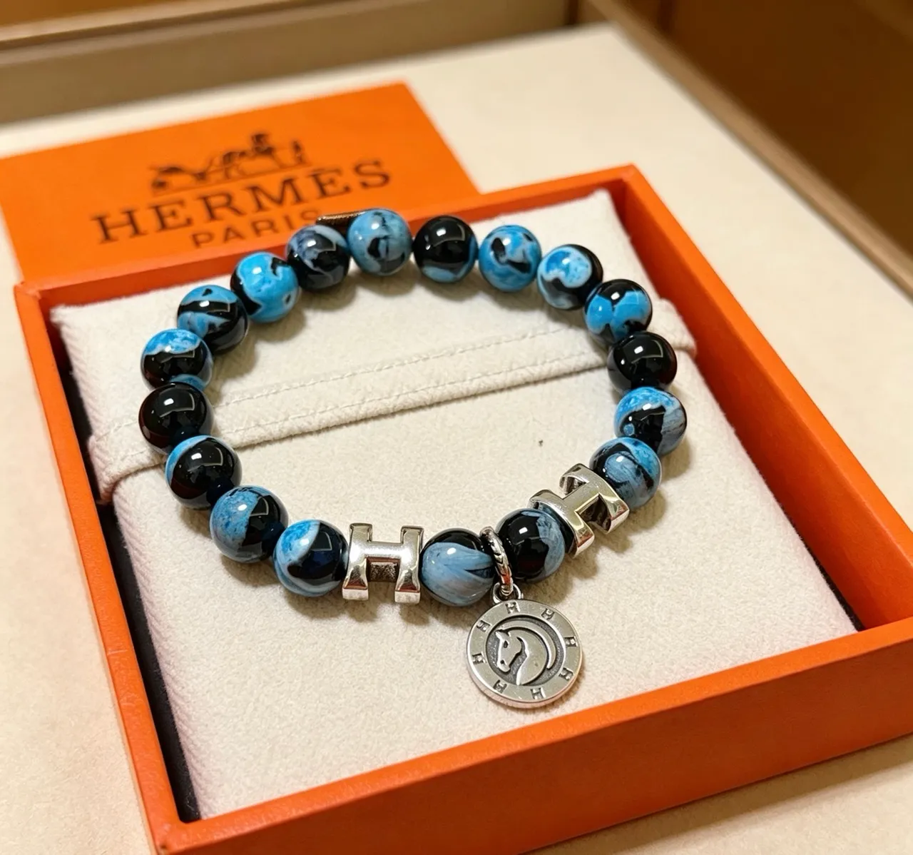 Hermès H Collection Blue and Black Marbled Stone Bracelet 9