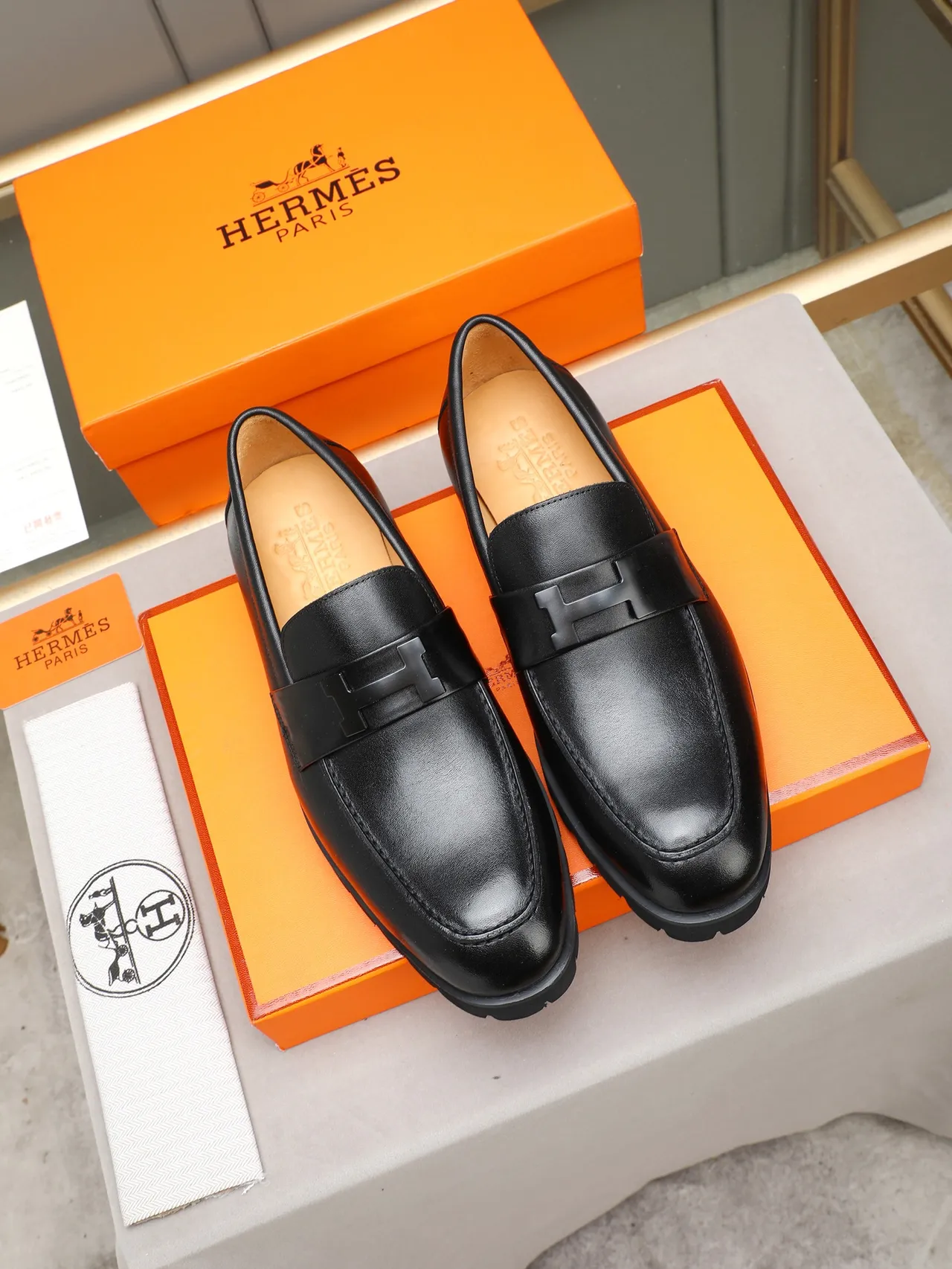 Hermès H Loafer Black Brown Leather Strap Loafer 2