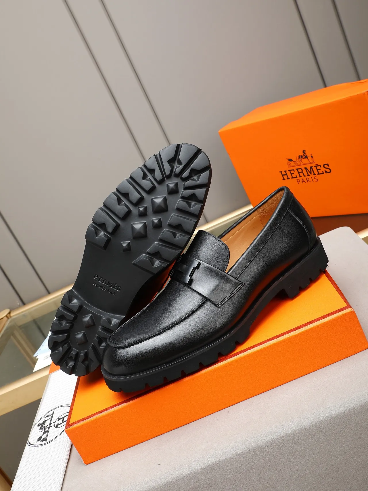 Hermès H Loafer Black Brown Leather Strap Loafer 4