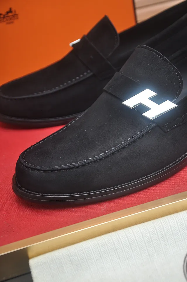 Hermès H Logo Mocassim Preto Camurça Homens Mocassim 2