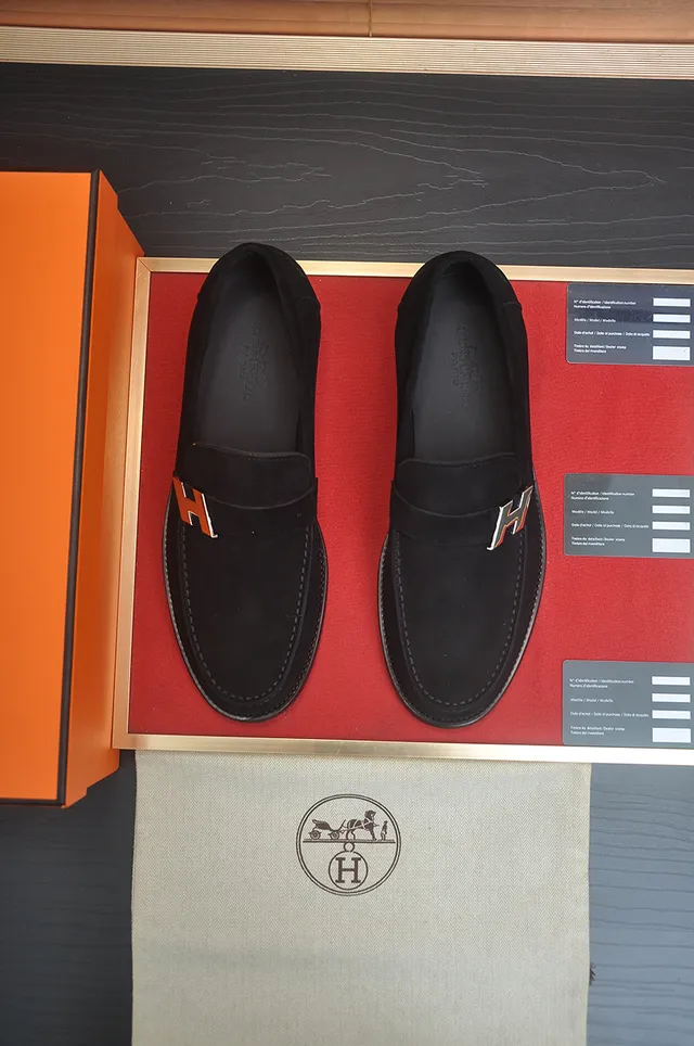 Hermès H Logo Mocassim Preto Camurça Homens Mocassim 5