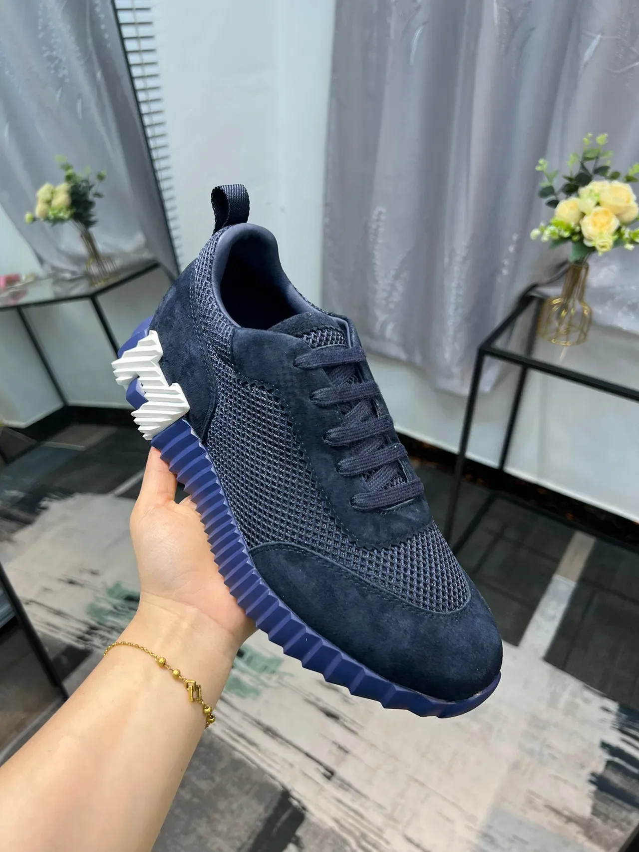 Hermès H-Ride Navy Blue Mesh Suede Lifestyle Sneakers 5