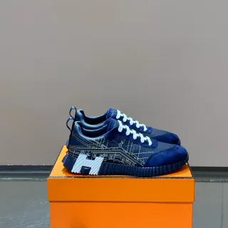 Hermès Navy White Suede And Leather Upper Architectural Embroidery Lifestyle Sneakers