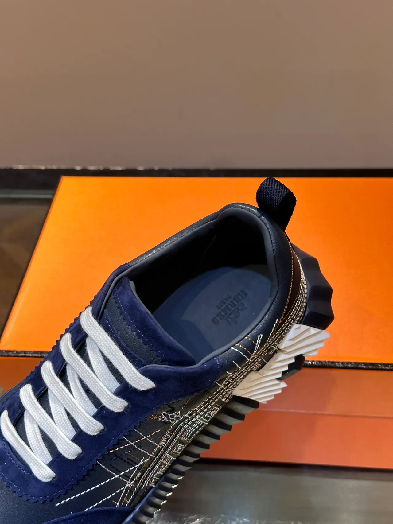Hermès Navy White Suede And Leather Upper Architectural Embroidery Lifestyle Sneakers 4