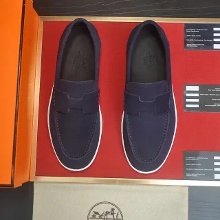 Hermès Navy White Suede H-Shaped Strap Loafer