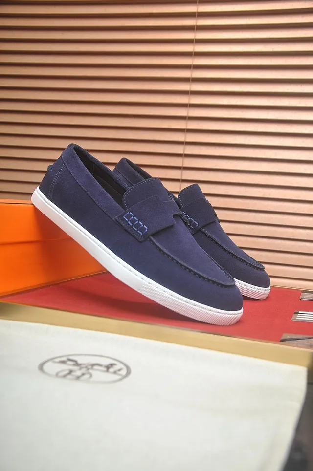 Hermès Daim Marine Blanc Bride en forme de H Mocassin 2