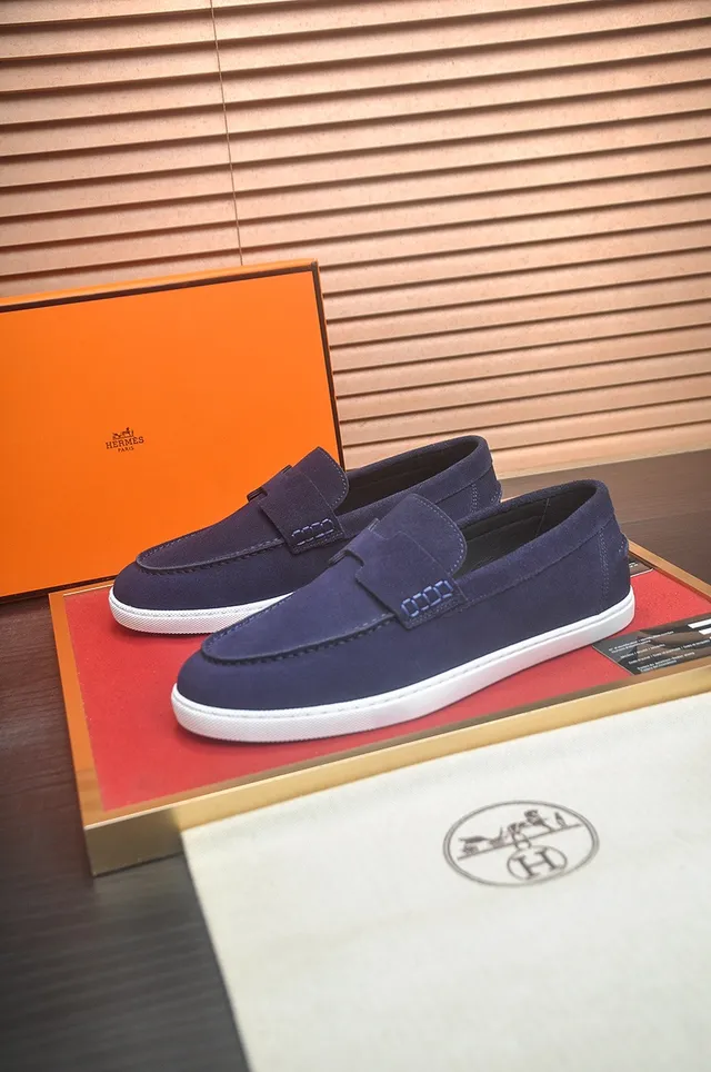 Hermès Daim Marine Blanc Bride en forme de H Mocassin 3