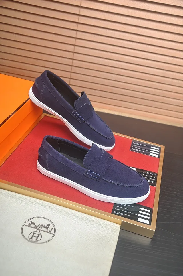 Hermès Daim Marine Blanc Bride en forme de H Mocassin 6